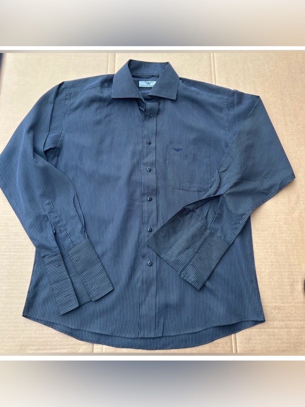 Vintage Giorgio Armani Dress Shirt Men 17-42 Blue Pinstripe French Cuff Cotton